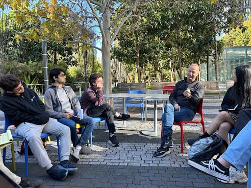 Our group in conversation with Sebastian Thrun at Salesforce Park.